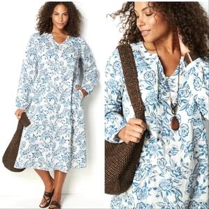 J.JILL Floral Cabana Dress Blue & White Boho Beach Organic Cotton Resort Vacay M